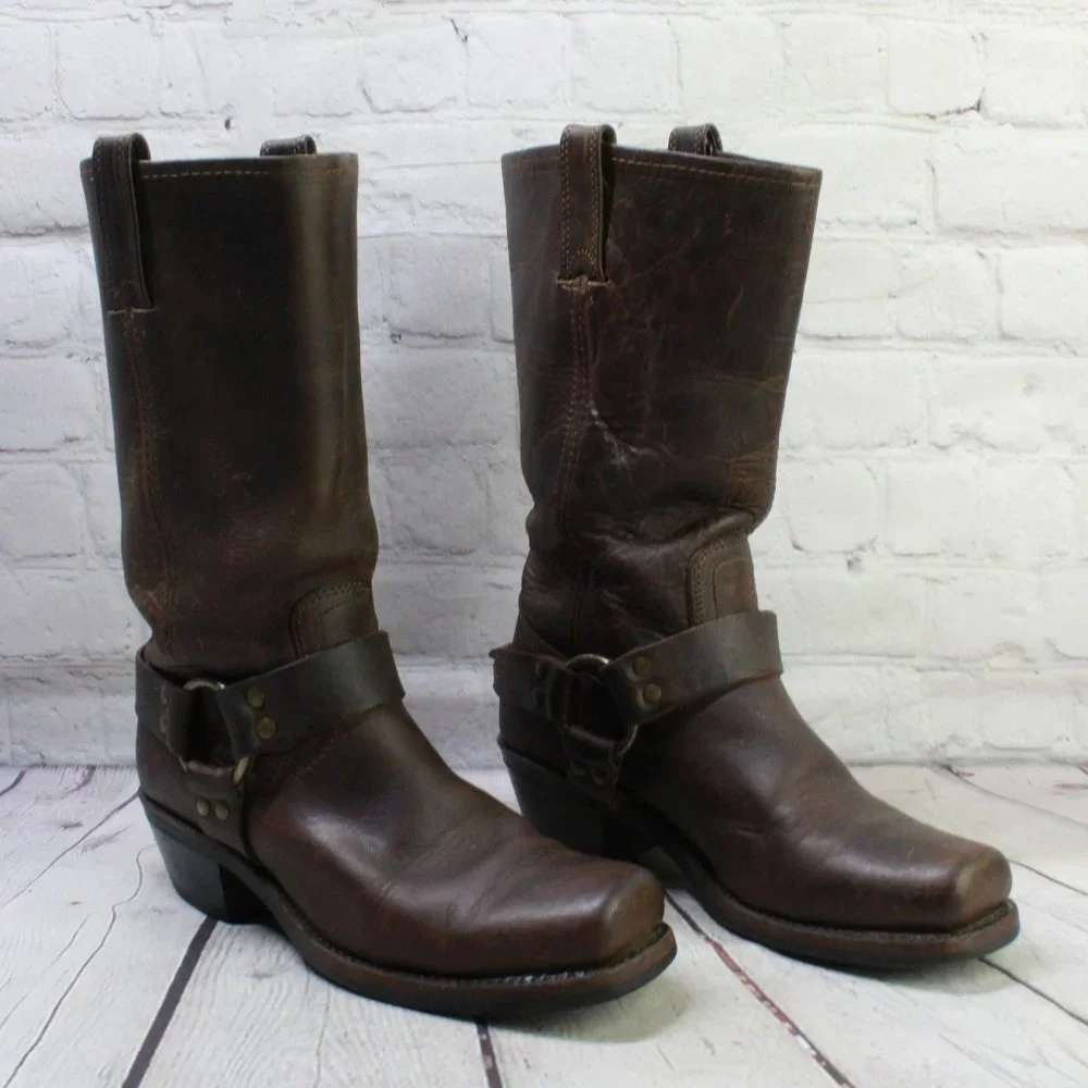 FRYE 77300 Leather Pull On Mid Calf Harness Square Toe Riding Boots Size 8.5 M - Picture 3 of 9